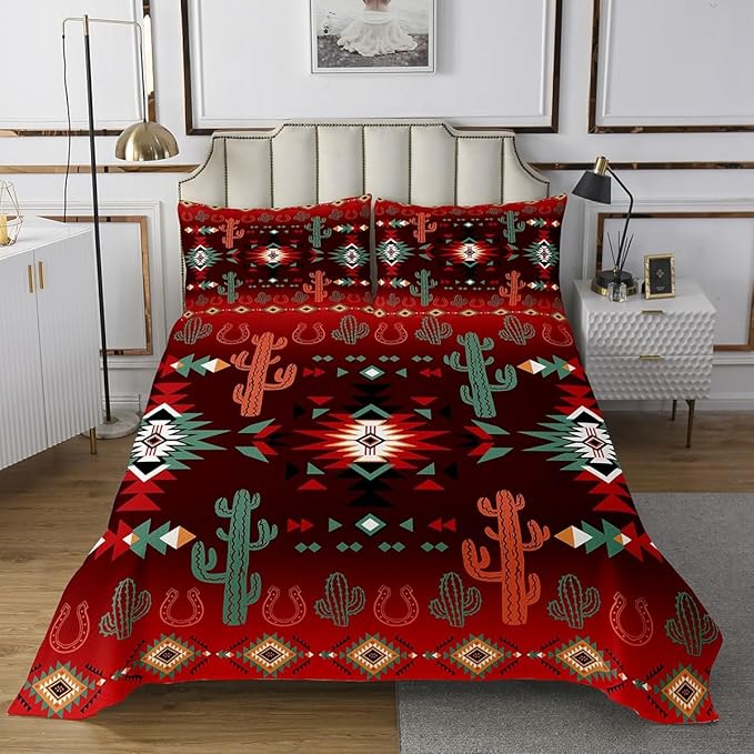 Geometric Aztec Bedspread King Size,Western Cowboy Cactus Horseshoe Rustic Coverlet Set,Boys Girls Room Decor,Southwest Tribal Cabin Quilted Coverlet,Farmhouse Retro Bedding Quilt,2 Pillowcases