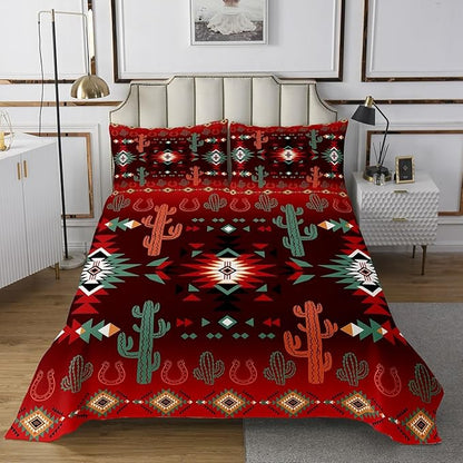 Geometric Aztec Bedspread King Size,Western Cowboy Cactus Horseshoe Rustic Coverlet Set,Boys Girls Room Decor,Southwest Tribal Cabin Quilted Coverlet,Farmhouse Retro Bedding Quilt,2 Pillowcases