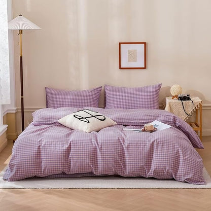 EAVD Vintage Purple Gingham Duvet Cover Twin Soft 100% Washed Cotton Modern Purple Pink Grid Plaid Duvet Cover with 2 Pillowcases Reversible Geometric Pattern Bedding Set with Zipper Closure