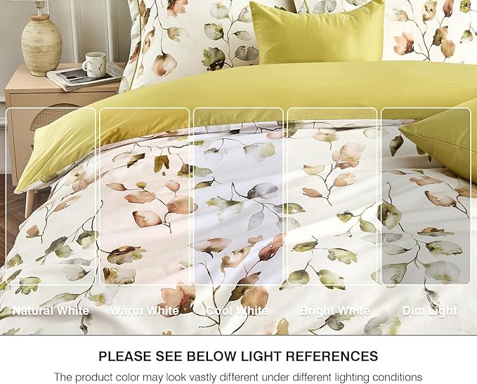 Queen Size Duvet Cover Set with Button Closure - Multicolor Light Green and Yellow Botanical Luxury Bedding for a Comfortable Sleeping