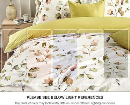 Queen Size Duvet Cover Set with Button Closure - Multicolor Light Green and Yellow Botanical Luxury Bedding for a Comfortable Sleeping