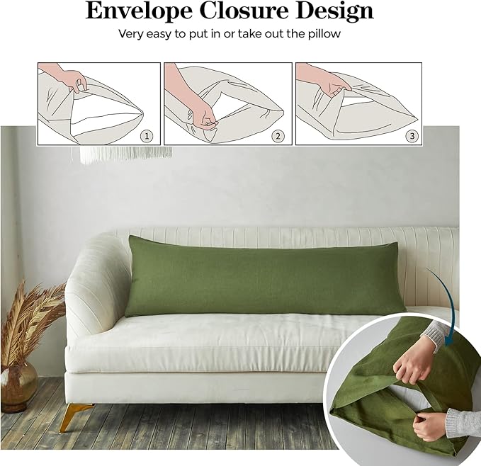 Simple&Opulence Body Pillow Cover 20" x 54",100% Pure Linen, Ultra Soft and Breathable, Body Pillowcase with Envelope Closure for Adults (Olive Green)