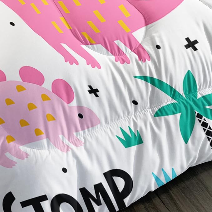 Axolotl Girls Bedding Cartoon Dinosaur Comforter Set Twin Size,Cute Dinosaur Bedding Set for Girls Teens Kids Boys Adults Room Decor,Kids Comforter Set All Season,1 Quilt 2 Pillow Cases,White