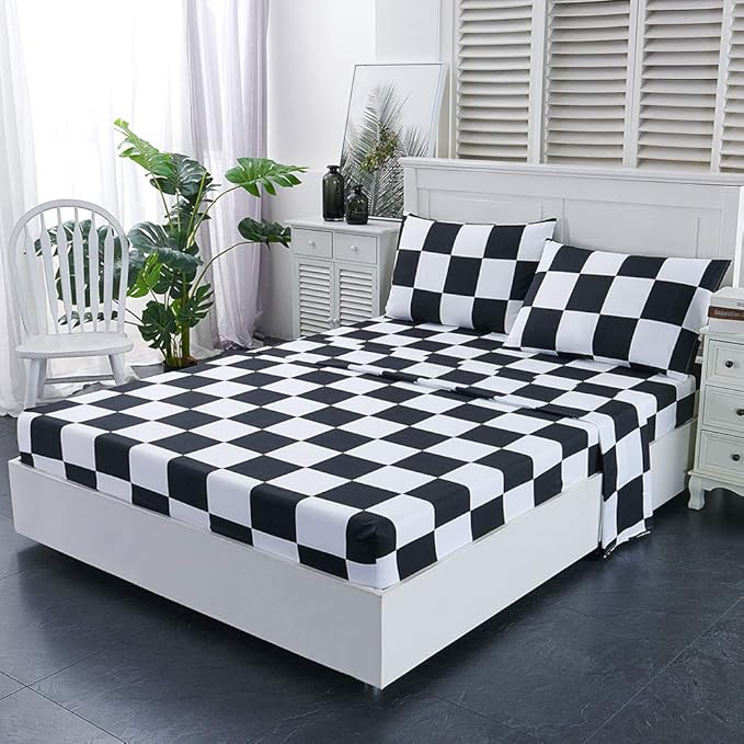 Best Season Bed Sheet Set 3 Pieces -Twin Size-Soft Durable Microfiber Bedding Sheet Set,Deep Pocket,Stain,Fade & Wrinkle Resistant (Plaid Black&White)
