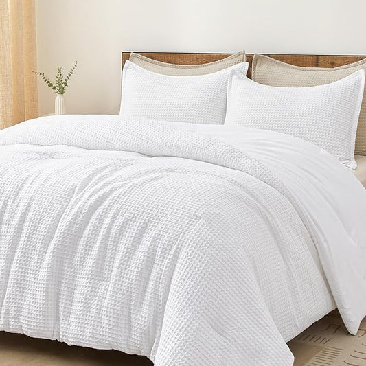 PHF Ultra Soft Waffle Weave Comforter Set Twin Size, 2 Pieces Lightweight Breathable Comfy Bedding Set, Comfy Textured 1 Comforter with 1 Pillow Shams, White