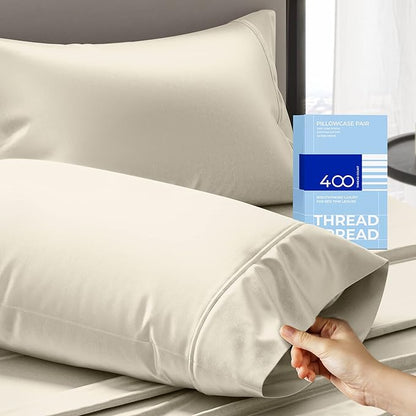 THREAD SPREAD 100% Cotton King Size Pillow Cases Set of 2 - Luxury 400 Thread Count Pillow Cases King Size (Ivory), Soft Cooling Breathable & Durable Sateen Weave Hotel Quality Cotton Pillowcases