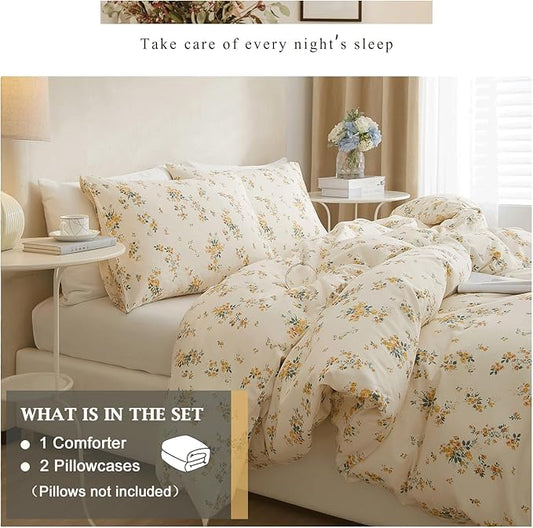 VM VOUGEMARKET Queen Comforter Set Yellow Floral Comforter with 2 Pillowcases Cottagecore Aesthetic Comforter Set for Girls Women 90"x90"
