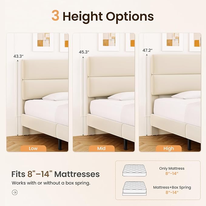GRUSIGN Twin Size Platform Bed Frame with Velvet Headboard, Adjustable Height Wooden Slats Support, Upholstered Mattress Foundation, Fits Mattress or Mattress with Box Spring, Easy Assembly, Beige