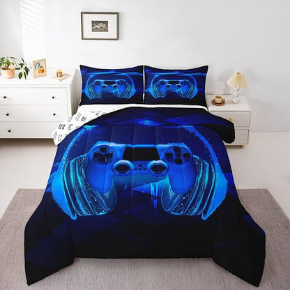 Feelyou Gamer Bedding Set Kids Video Game Gamepad Comforter Set for Boys Teens Gaming Headset Comforter Breathable Blue Game Controller Duvet Set Room Decor Quilt Set Full Size