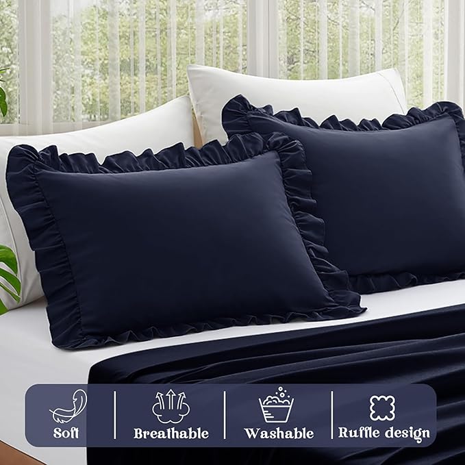 KKJIAF Ruffle Pillow Cases King Size Set of 2, Ruffled Pillow Covers with Envelope Closure, Wrinkle Resistant Ruffled Pillow Shams 20" x 36", Navy Blue