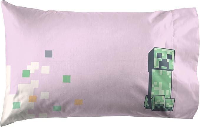 Jay Franco Kids Sheet Cartoon Set with Fitted, Flat Sheets & Pillow Cover - Ultra-Soft Bedding with Pillowcase for Room Decor, Pink - Minecraft, 3 Piece Twin