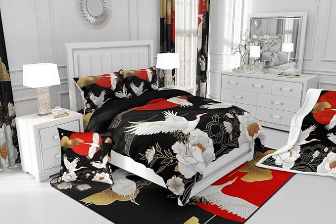 Feelyou Japanese Crane Bedding Set Twin Size Black Gold Ukiyoe Theme Duvet Cover for Adult Kids Boys Girls Asian Anime Comforter Cover Set Wild Animal Bedspread Cover 2Pcs Zipper