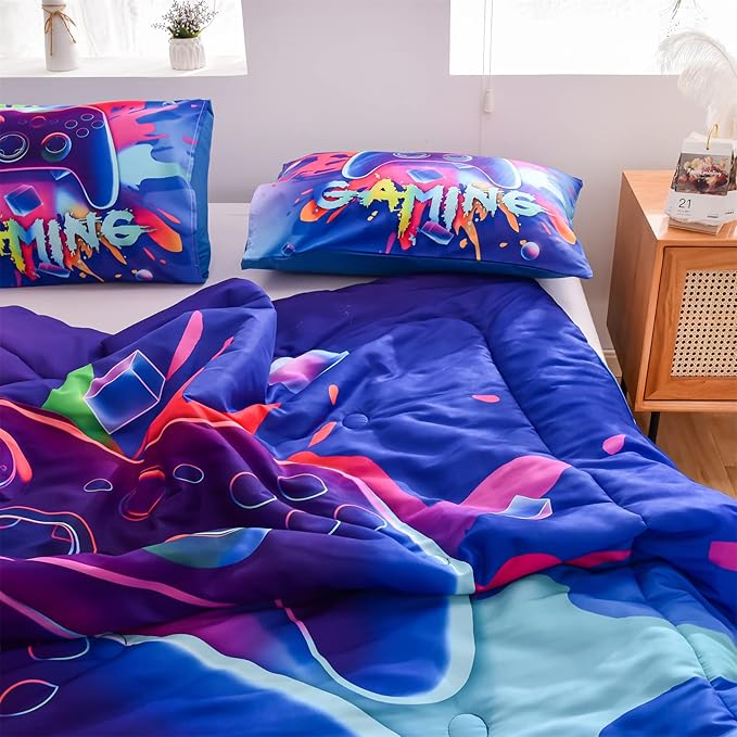 Aimuan Gamer Gaming Bedding Sets 3D Gamepad Comforter Sets for Boys Games Console Action Buttons Novelty Colorful Game Controller Modern Room Decor Home Quilt Set (Queen, Purple)