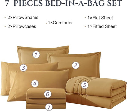 Monbix Queen Comforter Set - 7 Pieces Desert Yellow Bed in a Bag Queen Bedding Sets with Comforters, All Seasons Comforter Bed Set with Sheets, Pillowcases & Shams