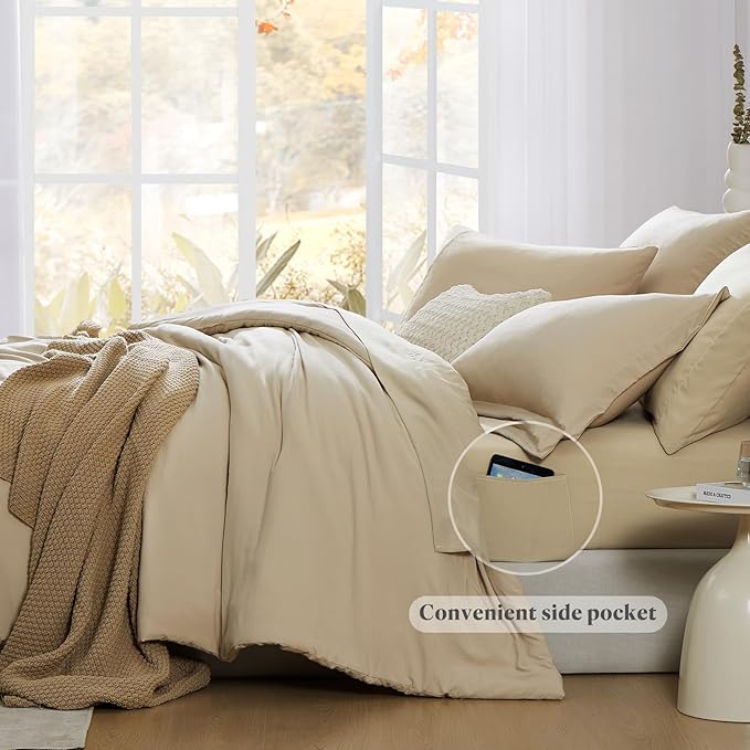 WRENSONGE Oversize King Size Comforter Set- 7 Pieces Soft Beige Bed in a Bag Oversize King with Fitted Sheet, Flat Sheet, 2 Pillow Shams, 2 Pillowcases, Warm Bedding Sets for All Season