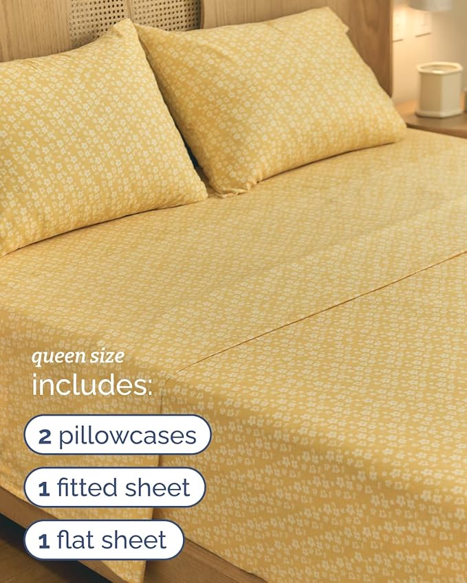 Floral Sheets - Yellow Floral Bed Sheet Set - 1 Flat, 1 Fitted & 2 Pillowcases w/ Deep Pockets - Comfy, Wrinkle & Fade Free - Boho Botanical Bedding - Ultra-Soft, Breathable & Cooling - Queen Size Set