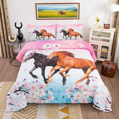 Feelyou Girls Horse Comforter Set King Size Chic Pink Cherry Blossom Bedding Set for Horse Lover Gift Farmhouse Comforter 3D Wild Animal Quilted Bedroom Decor 3Pcs