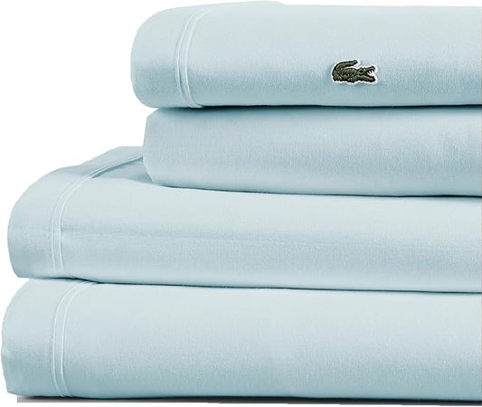 Lacoste 100% Cotton Percale 4-Piece Sheet Set – Cool, Crisp, Matte, and Durable, Oeko-Tex Certified – Solid, Pale Aqua, King