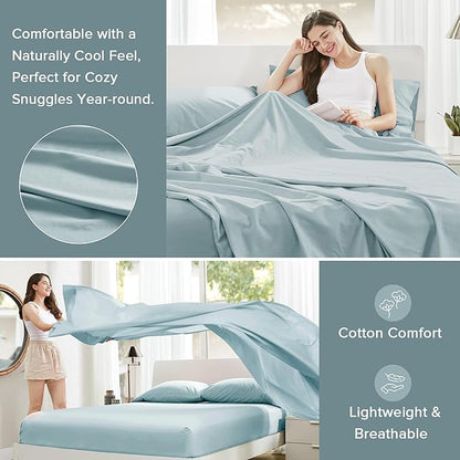 Comfort Spaces 100% Cotton Sheets Twin, Breathable, Soft Cotton Sheets, Naturally Cool Cotton Bed Sheets with 12" Elastic Pocket Fits up to 14" Mattress, All Season Sheet Set, Twin Light Blue 3 Piece