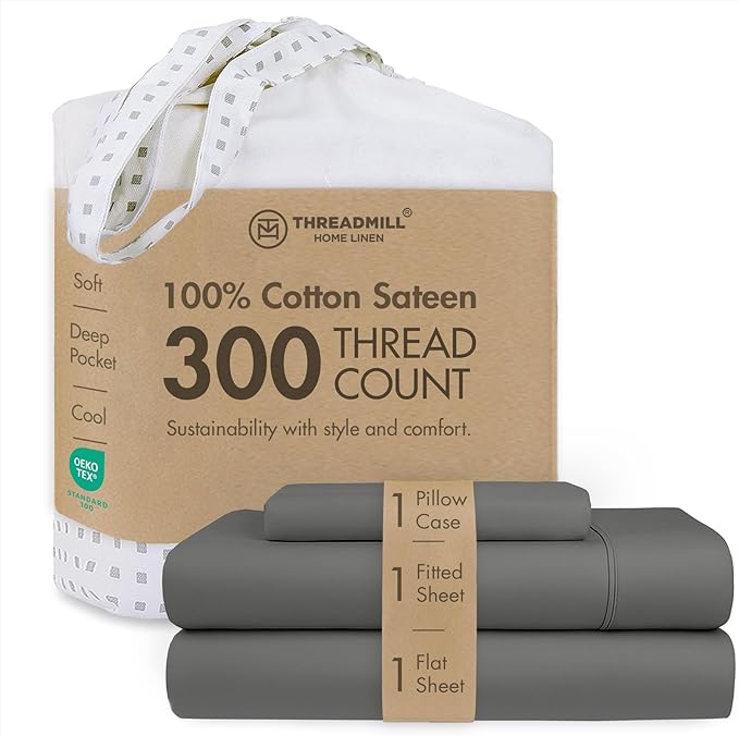 Threadmill Cotton Twin XL Sheet Set | 100% Cotton Sheets for Twin XL Size Bed | Solid Sateen Twin XL Bed Sheets Set with 16” Deep Pocket | Soft Breathable 3-Piece Cooling Sheet Set | Dark Grey