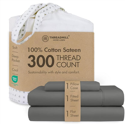 Threadmill Cotton Twin XL Sheet Set | 100% Cotton Sheets for Twin XL Size Bed | Solid Sateen Twin XL Bed Sheets Set with 16” Deep Pocket | Soft Breathable 3-Piece Cooling Sheet Set | Dark Grey