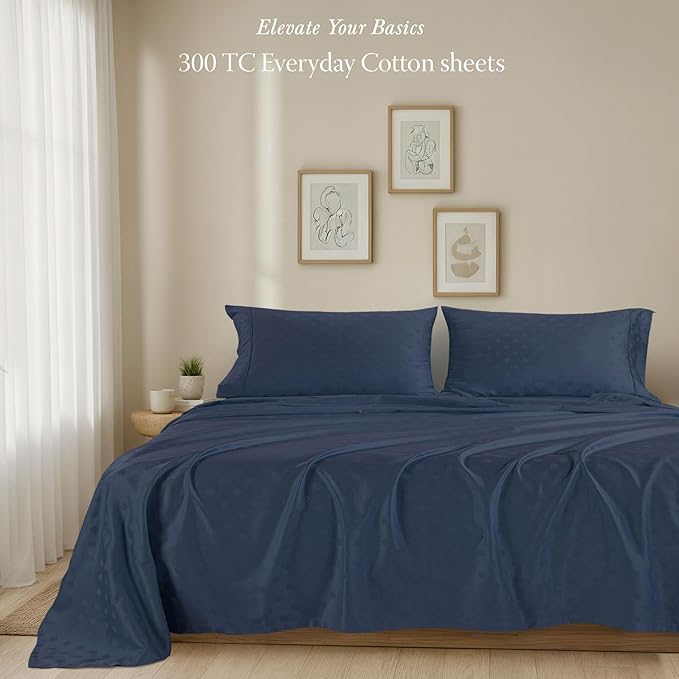 Threadmill Cotton Twin Sheet Set | 100% Cotton Sheets for Twin Size Bed | Damask Jacquard Sateen Twin Bed Sheets Set with 16” Deep Pocket | Soft Breathable 3-Piece Cooling Sheet Set | Folkstone Blue