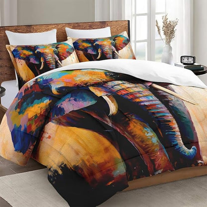 Queen Size Comforter Set with 2 Pillowcases, Painting Colorful Elephant Soft 3 Pcs Bedding for Kids and Adults Bedroom Bed Decor