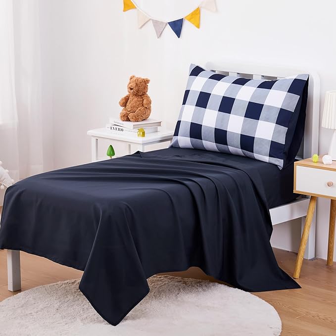 Wake In Cloud - Gingham Toddler Bedding Set for Girls Boys, Cute Plaid Buffalo Check, 4 Pieces Soft Crib Bed Set Including Comforter, Sheets and Pillowcase, Navy Blue