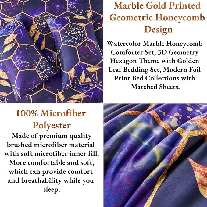 ANGIYUIN 7Pcs Mable Bed in A Bag Purple Gold Queen Comforter Set, 3D Geometric Honeycomb Theme Decor Yellow Leaf Bedding Set, Modern Foil Print Bed Sets with Comforter and Sheets (Purple Queen)