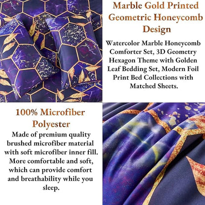 ANGIYUIN 7Pcs Mable Bed in A Bag Purple Gold Queen Comforter Set, 3D Geometric Honeycomb Theme Decor Yellow Leaf Bedding Set, Modern Foil Print Bed Sets with Comforter and Sheets (Purple Queen)