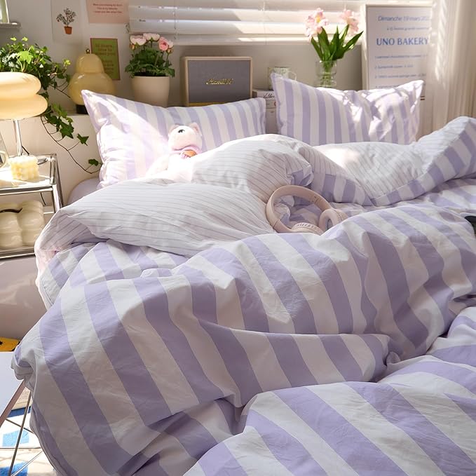 Purple Striped Full Bed Duvet Cover Vintage Cute Comforter Cover Full Soft Farmhouse Boho Hotel Duvet Cover Set with Hidden Zipper Dorm Room Girls Bedding Set Washed Microfiber Duvet Protector