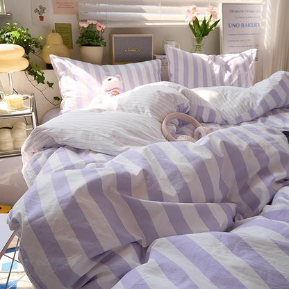 Purple Striped Queen Duvet Covers Vintage Cute Comforter Queen Size Cover Soft Farmhouse Boho Hotel Duvet Cover Set with Hidden Zipper Dorm Room Girls Bedding Washed Microfiber Duvet Protector