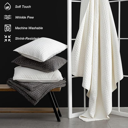 Powdion Velvet Quilt King Size,Bedspread Quilted Bedding Set, Luxurious Soft Coverlet Set Lightweight Velvet Comforter for All Season with 2 Pillow Shams, Striped Quilt Set, 96x106 Cream White