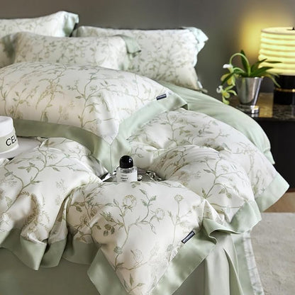 VM VOUGEMARKET Eucalyptus Lyocell Duvet Cover with 2 Pillow Shams,Vintage Garden Flower Bedding Set,Silky Soft, Cool-to-The-Touch Comforter Cover for Summer-King,Mint Green