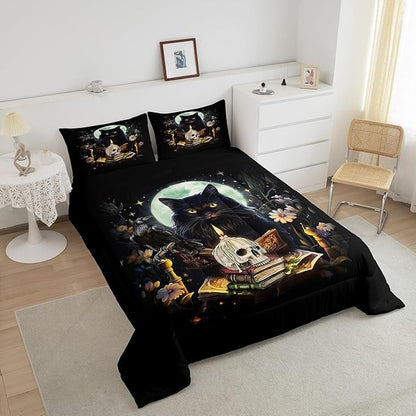 Kids Cat Bedding Set,Sugar Skull Crow and Daisy Flower Garden Comforter Set for Teens Girls Boys Adult Bedroom Decor,Black Pet Cat Plants Quilt Set Moon Night Stars Print Duvet Insert 2Pcs