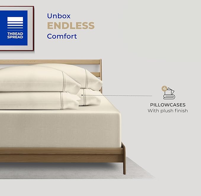 THREAD SPREAD 100% Cotton King Size Pillow Cases Set of 2 - Luxury 400 Thread Count Pillow Cases King Size (Ivory), Soft Cooling Breathable & Durable Sateen Weave Hotel Quality Cotton Pillowcases