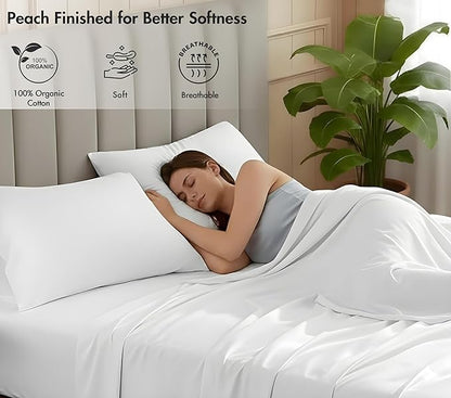 RUVANTI 100% Organic Cotton Sheets Queen Size, Percale Weave, GOTS Certified, 4-Piece Set, Deep Pocket 15", Crisp & Breathable, Soft Durable Bedding, Sábanas Algodón Orgánico – Bright White