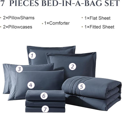 Monbix Full Size Comforter Set - 7 Pieces Blue Grey Bed in a Bag Full Size Bedding Sets with Comforters, All Seasons Comforter with Sheets, Pillowcases & Shams