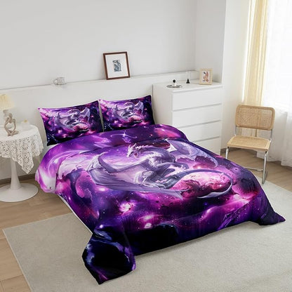 Dragon Galaxy Comforter Set King Size,Western Magical Wildlife Bedding Set for Kids Boys Teens Adults Room Decor,Outer Space Animal Duvet Insert 3Pcs,Star Glitter Fantasy Quilt Set,2 Pillowcases