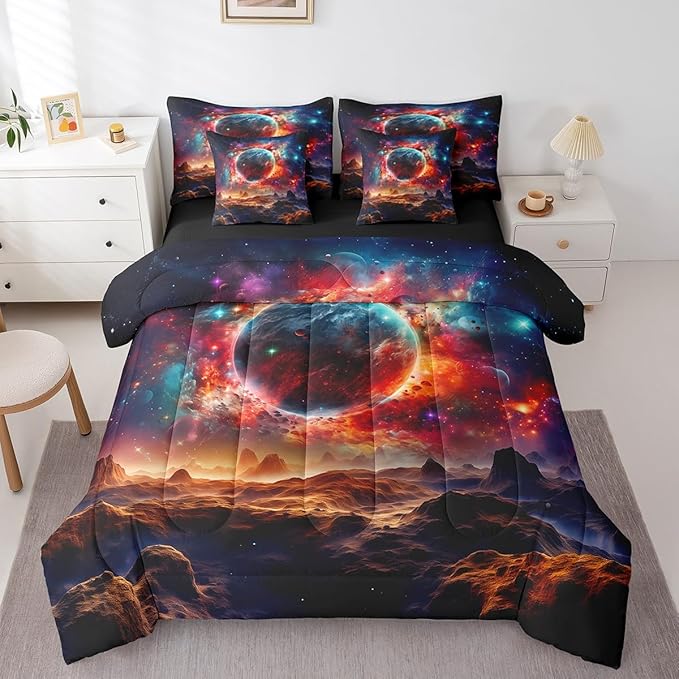 Erosebridal Planet Bed in a Bag King Size Comforter Set 7 Pieces,Sun Moon Galaxy Bedding Sets Universe Nebula Outer Space Sheet Set with Comforter
