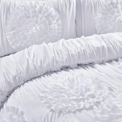 Lush Décor Serena 3 Piece Ruched Flower Comforter Set - White - Full/Queen