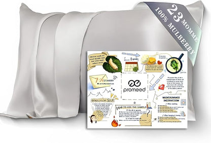 PROMEED 100% Mulberry Silk Pillowcase King for Hair and Skin with Zipper, Both Sides 23 Momme Pure Silk Pillow Case, Grade 6A+ Silk (King 20"x36", Light Grey)