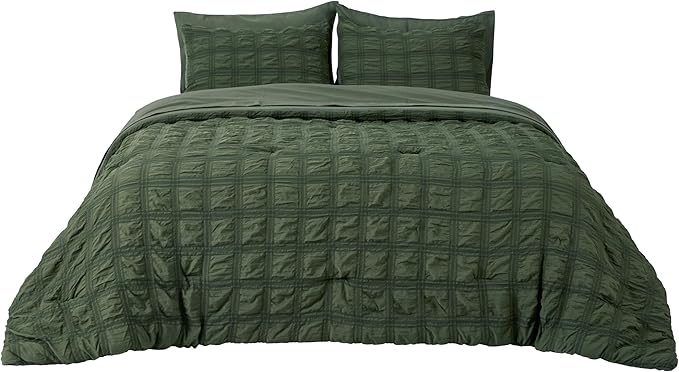Bedsure Bed in a Bag Queen - 7 Pieces Plaid Seersucker Bedding Comforter Sets, Soft Lightweight Olive Green Boho Bed Set with Comforters Queen Size, Sheets, Pillowcases & Shams