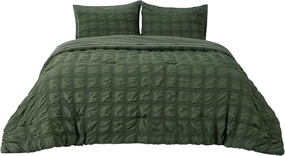 Bedsure Bed in a Bag Queen - 7 Pieces Plaid Seersucker Bedding Comforter Sets, Soft Lightweight Olive Green Boho Bed Set with Comforters Queen Size, Sheets, Pillowcases & Shams