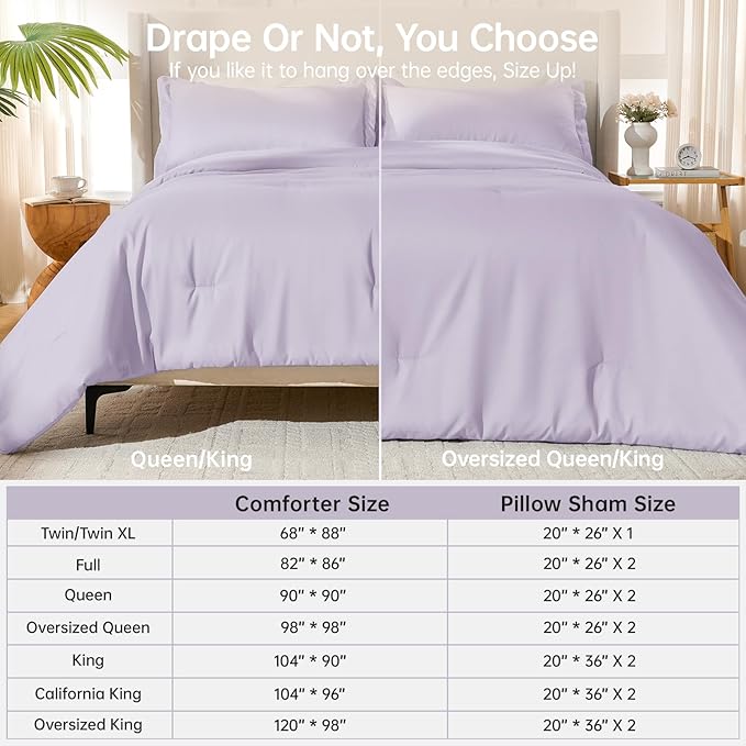 MUXHOMO Queen Comforter Set, All Season Ultra Soft Down Alternative Bedding - 3 Piece Lightweight Bed Set Includes 1 Comforter (90"x90") and 2 Pillow Shams (20"x26"), Lavender