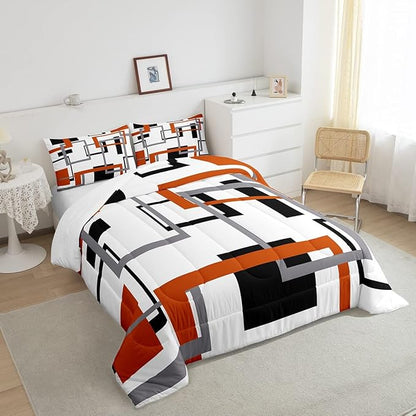 Erosebridal Geometric Square Comforter Set for Men Women,White Black Orange Bedding Set,Abstract Grid Patchwork Quilt Set Lightweight,Modern Down Comforter with 2 Pillow Shams,Queen