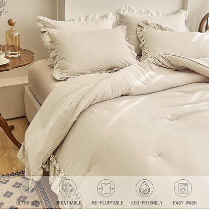 AIKASY Camel Ruffle Comforter Twin, 3 Pieces Vintage Ruffle Fringe Comforter, Farmhouse Rustic Microfiber Down Alternative Bedding Comforter Set (1 Comforter + 2 Pillow Shams)