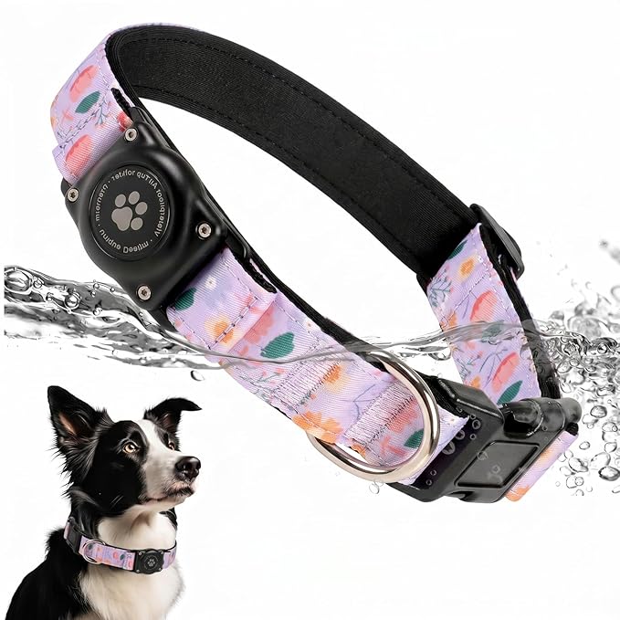 Upgrade Dog Collar with AirTag Holder, IP68 Waterproof, Lavender Garden, L | Built-in Water Resistant AirTag holder, 1000D Nylon, Reflective Stitching for Night Visibility, Soft padding for Comfort