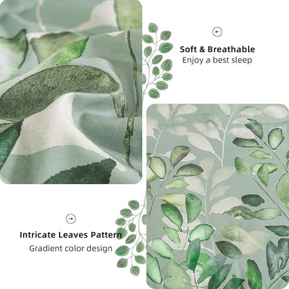Anibedding Sage Green Queen Comforter Set, 7 Piece Botanical Gradient Leaves Ultra Soft Microfiber Down Alternative Bedding Set with Sheets and Bedroom for All Season