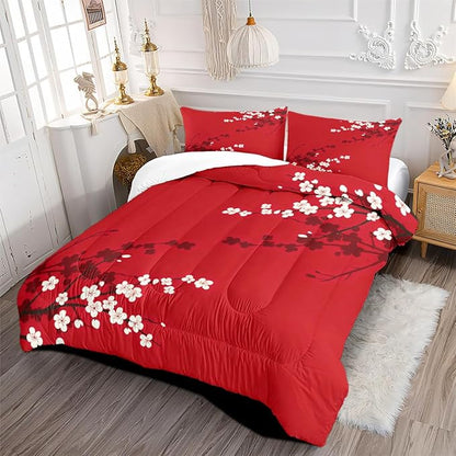 Red Oriental Comforter Set Queen Size Japanese Style Cherry Blossom Bedding Set for Girls Kids Teens 3 Pieces Asian Vintage Floral Bedding Soft Lightweight Comforter with 2 Pillowcases